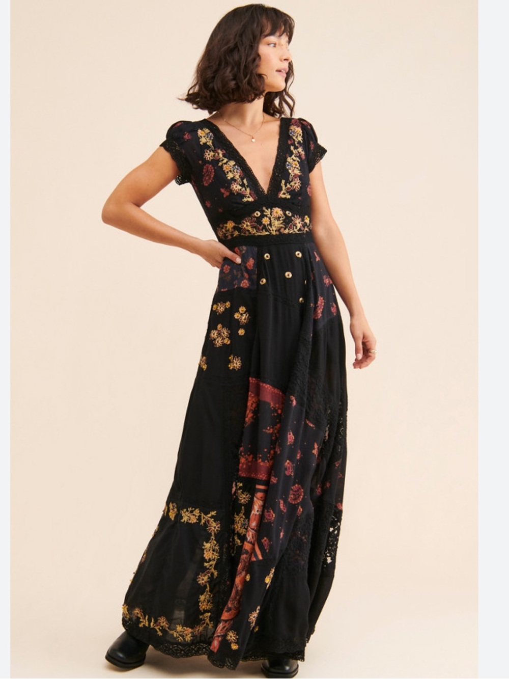 Free People Hibiscus Heaven Black Embroidered V-Neck Maxi Dress. Price Firm